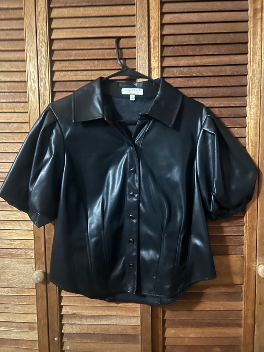 Lush Faux Leather Button-Front Top in Black Sz L